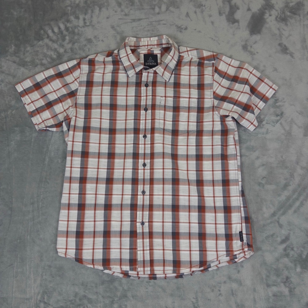 Prana Button Down Shirt Mens Medium Orange Grey Plaid Short Sleeve Outdoor Top